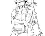  2boys back-to-back back_to_back baseball_cap chisel cp9 crossed_arms enies_lobby facial_hair goatee hat kaku_(one_piece) long_hair male male_focus mallet monochrome multiple_boys one_piece outline rob_lucci suspenders tank_top tattoo top_hat water_7 xla009 