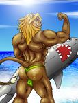  back blonde_hair butt feline fish hair inflatable lion looking_at_viewer looking_back male mammal marine muscles nipples pink_nose pose red_eyes sea shark silversketch sky solo standing surfboard swimsuit thong topless water 