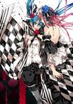  aqua_eyes aqua_hair bad_id bad_pixiv_id checkered hatsune_miku long_hair megurine_luka multiple_girls pantyhose pink_hair striped striped_legwear thighhighs twintails vertical-striped_legwear vertical_stripes vocaloid witchonly 