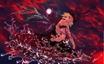  bare_back bare_shoulders blonde_hair dress etna_(artist) fang flandre_scarlet full_moon hat hat_ribbon moon open_mouth red_eyes ribbon sky solo touhou water wings 