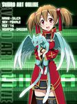  :d breastplate brown_hair dragon fingerless_gloves gloves holding nakajima_akihiko open_mouth pina_(sao) red_eyes short_hair short_twintails silica smile standing stats sword_art_online thighhighs twintails 