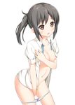  black_hair breasts brown_eyes highres medium_breasts nectar_(fujiya) nipples no_pants open_clothes open_shirt panties panty_pull sakai_wakana shirt solo tari_tari underwear 