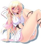  1girl arm_support bare_shoulders blonde_hair breast_press breasts curvy female highres large_breasts long_hair miniskirt navel pink_eyes scatter_milk short_skirt simple_background sitting skirt solo thighs white_background wink 