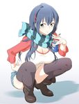  9aki aqua_eyes black_hair boots breasts can cigarette cleavage denim denim_shorts hair_ornament hairclip hand_on_hip highres holding large_breasts original scarf shirt short_shorts shorts solo squatting striped striped_scarf thighhighs 