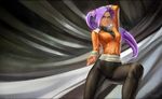  absurdres arm_up bleach breasts crotch dark_skin food foton-ike fruit highres leg_up long_hair md5_mismatch medium_breasts orange ponytail purple_hair shihouin_yoruichi shinigami signature skin_tight solo stitched third-party_edit yellow_eyes 
