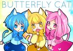  animal_ears ao_(butterfly_cat) blonde_hair blue_eyes blue_hair bonne_c butterfly_cat cat_ears cat_tail chibi heart heart-shaped_pupils hina_(butterfly_cat) momo_(butterfly_cat) multiple_girls pink_eyes pink_hair ribbon sound_voltex symbol-shaped_pupils tail yellow_eyes 