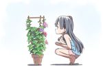  black_hair errant flower from_side hair_bobbles hair_ornament kitashirakawa_anko long_hair morning_glory notebook one_side_up pencil plant potted_plant profile sandals skirt solo squatting tamako_market tank_top 