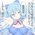  alternate_hair_length alternate_hairstyle bad_id bad_pixiv_id blue_eyes blue_hair bow breasts cirno cleavage cleavage_cutout foreshortening from_above hair_bow hands large_breasts long_hair looking_at_viewer older outstretched_hand pov smile snowflakes solo teenage touhou translated upper_body yamada_ranga 