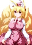  animal_ears blonde_hair bow breasts brooch cosplay dress fox_ears fox_tail hat huge_breasts jewelry juliet_sleeves long_sleeves looking_at_viewer merry_(diameri) multiple_tails mystia_lorelei mystia_lorelei_(cosplay) pink_dress puffy_sleeves short_hair smile solo tail touhou yakumo_ran yellow_eyes 