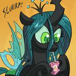  cat_eyes changeling docwario drink drinking equine female feral friendship_is_magic green_eyes green_hair hair holes horn horse juice_box my_little_pony pony queen_chrysalis_(mlp) slit_pupils solo straw wings 