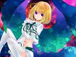  beatmania beatmania_iidx bemani blonde_hair bonne_c male_focus midriff multiple_wings otoko_no_ko purple_eyes rche_(beatmania) short_hair shorts solo star thighhighs white_legwear wings 