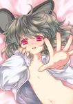  animal_ears blush flat_chest from_above iris_anemone looking_at_viewer lying mouse_ears naked_shirt navel nazrin on_back open_clothes open_shirt outstretched_arm outstretched_hand pink_eyes reaching red_eyes shirt short_hair silver_hair sleeves_past_wrists solo touhou 