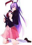  animal_ears asuna_(i_luv) bad_id bad_pixiv_id blazer breasts bunny_ears buttons crescent jacket kneehighs kneeling large_breasts long_hair looking_away necktie purple_hair red_eyes red_neckwear reisen_udongein_inaba simple_background skirt solo touhou very_long_hair white_background white_legwear 