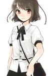  74_(teduka) bag black_hair dress_shirt expressionless hat highres looking_at_viewer pocket red_eyes ribbon shameimaru_aya shirt short_hair smile solo tokin_hat touhou 