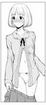  blush bulge crossdressing genshiken greyscale hato_kenjirou highres male_focus monochrome navel open_clothes open_shirt otoko_no_ko panties ribbon shirt skirt skirt_pull solo sweat underwear yn_red 