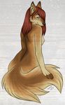  breasts brown_fur brown_hair canine eura female fluffy_tail fur hair looking_at_viewer looking_back mammal nipples nude plain_background side_boob sitting solo 