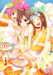  afro ahira_yuzu animal_ears barefoot brown_eyes brown_hair cake cellphone chips confetti disco_ball eating food happy highres laughing long_hair multiple_girls original pajamas phone pillow pink_hair pizza potato_chips short_hair smartphone smile streamers tabasco 