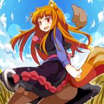  animal_ears blush brown_hair commentary_request dorowa_no_hito dress fang highres holo long_hair looking_at_viewer open_mouth orange_eyes pantyhose pouch smile solo spice_and_wolf tail wolf_ears wolf_tail 