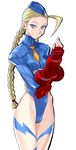  blonde_hair blue_eyes blue_leotard braid cammy_white fingerless_gloves garrison_cap gloves hat highleg highleg_leotard highres leotard long_hair scar street_fighter tetsu_(kimuchi) twin_braids 