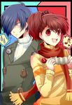  1girl alternate_costume blue_eyes blue_hair brown_hair female_protagonist_(persona_3) hair_over_one_eye headphones kazanami persona persona_3 persona_3_portable red_eyes scarf short_hair smile sweatdrop yuuki_makoto 