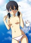  ass_visible_through_thighs bikini bikini_top_removed black_hair blue_eyes breasts dera_mochimazzui gentoku highres kitashirakawa_tamako lens_flare long_hair low_twintails navel nipples short_hair small_breasts swimsuit tamako_market topless twintails white_bikini 