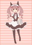  akiha_rumiho animal_ears blush border cat_ears chuo_(irityuo) drill_hair fake_animal_ears frills horizontal-striped_background long_hair maid maid_headdress open_mouth pantyhose pink pink_background pink_eyes pink_hair puffy_short_sleeves puffy_sleeves short_sleeves smile solo steins;gate striped striped_background tray twin_drills twintails wrist_cuffs 