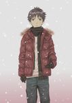  brown_eyes brown_hair denim ikari_shinji jacket jeans male_focus mc neon_genesis_evangelion pants scarf snow solo 