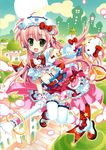  1girl absurdres bow broom broom_riding clock dress frilled_legwear frilled_thighhighs fujima_takuya green_eyes hairband hello_kitty hello_kitty_to_issho! highres lolita_hairband pink_hair ribbon thighhighs wand white_legwear 