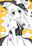  bad_id bad_pixiv_id blush braid hat heart kirisame_marisa long_hair looking_at_viewer monochrome open_mouth touhou white-brown witch_hat 