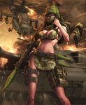  ah-64_apache aircraft bare_shoulders bikini black_hair breasts caterpillar_tracks ground_vehicle helicopter holster ikegami_noroshi medium_breasts military military_vehicle motor_vehicle navel original red_eyes rocket_launcher rpg rpg-7 short_hair solo sparks swimsuit tank thigh_holster weapon 