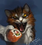  ambiguous_gender cat eating feline feral food mammal open_mouth orphen_sirius plain_background saliva sushi teeth tongue yellow_eyes 