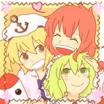  anchor blonde_hair closed_eyes cross green_hair hat kitashirakawa_chiyuri mimi-chan multiple_girls okazaki_yumemi open_mouth red_hair ruukoto sailor sailor_hat short_hair smile suiyou_taruta touhou touhou_(pc-98) twintails yellow_eyes 