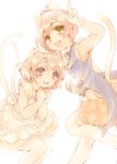  :d animal_ears blush bow brown_hair cat_ears cat_tail clenched_hands coattails dress earrings eyebrows_visible_through_hair frilled_shirt_collar frills fujieda_miyabi gloves green_eyes hair_bow hair_ribbon hands_together highres hoshizora_rin jewelry kemonomimi_mode koizumi_hanayo korekara_no_someday love_live! love_live!_school_idol_project multiple_girls open_mouth pale_color puffy_shorts purple_eyes ribbon salute short_hair shorts smile tail two-finger_salute white_background white_gloves 