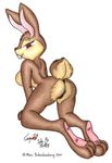  3_toes all_fours breasts cap_(artist) digitigrade female german hindpaw lagomorph looking_at_viewer looking_back mammal marc_schnakenberg nude paws plain_background rabbit solo toes white_background 