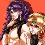  2boys blonde_hair cars_(jojo) dio_brando earrings fangs gloom_(expression) headband heart horns jewelry jojo_no_kimyou_na_bouken kars_(jojo) long_hair male male_focus multiple_boys muscle nurupoga open_mouth orange_background purple_eyes purple_hair red_eyes short_hair simple_background smile tongue 