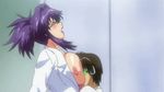  animated_gif between_breasts breasts clothed_sex eyes_closed glasses head_between_breasts huge_breasts labcoat lipstick makeup moaning nipples open_mouth oppai_no_ouja_48 ponytail purple_hair scouter sex takashima_miyu upright_straddle 