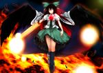  arm_cannon black_hair black_legwear blouse bow cape dd_mayohara feathers fire flying hair_bow long_hair mismatched_footwear red_eyes reiuji_utsuho shoes solo thighhighs third_eye touhou weapon wings 