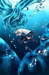  aqua_hair bad_id bad_pixiv_id bubble closed_eyes detached_sleeves hatsune_miku highres long_hair necktie open_mouth solo submerged takamatsu_(yamajiai) thighhighs twintails underwater very_long_hair vocaloid 