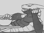  amit anthro bowl claws dragon gecko grey_background horn leopard_gecko lizard magnus monochrome plain_background reptile saliva scalie sketch soft_vore table tongue vorarephilia vore 