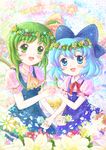  2girls ascot blue_background blue_eyes blue_hair blue_rose bow cirno daiso daiyousei dress flower green_eyes green_hair hair_bow hand_holding head_wreath holding_hands interlocked_fingers lace light_particles looking_at_viewer md5_mismatch multiple_girls open_mouth payot petals puffy_short_sleeves puffy_sleeves rainbow ribbon rose short_hair short_sleeves side_ponytail sidelocks sparkle touhou wings 