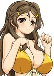  bare_shoulders bikini_top blush breasts brown_eyes brown_hair cleavage front-tie_top frown hair_ornament hairclip kasanui large_breasts long_hair shinomiya_himawari shiny shiny_skin simple_background solo swimsuit upper_body vividred_operation white_background 