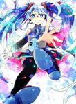  blue_eyes blue_hair boots detached_sleeves hatsune_miku headset long_hair necktie outstretched_arm shirayuki_towa skirt solo tears thigh_boots thighhighs twintails very_long_hair vocaloid 
