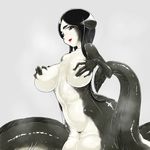  black_hair blush breast_squeeze breasts censored grey_eyes huge_breasts kaiki_hito_jinkan long_hair monster_girl nipples nude open_mouth original shiny shiny_hair shiny_skin simple_background solo tail 