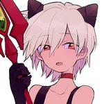  albino bad_id bad_pixiv_id bangs bare_shoulders black_gloves blush choker evangelion:_3.0_you_can_(not)_redo eyes_visible_through_hair gem gloves hair_between_eyes half-closed_eyes headgear holding holding_weapon lowres male_focus nagisa_kaworu neon_genesis_evangelion parted_bangs polearm rebuild_of_evangelion red_eyes sa_kuma simple_background solo spear spear_of_cassius upper_body weapon white_background white_hair 