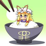  blonde_hair blush bowl chopsticks dress food furikake_(food) hair_ribbon hat hat_ribbon in_bowl in_container in_food jinnouchi_akira long_hair minigirl open_mouth pun purple_dress purple_eyes ribbon rice tears touhou trembling yakumo_yukari 