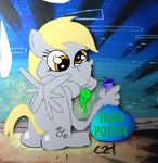  amber_eyes art blonde_hair butt cutie_mark derpy_hooves_(mlp) equine esprites female feral friendship_is_magic fur grey_fur hair horse mammal my_little_pony pegasus pony solo traditional traditional_media what what_has_science_done wings 