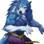  aluminemsiren anthro belt biceps black_nose blue_fur canine claws clothed clothing darkstalkers fangs fur grey_claws half-dressed jon_talbain looking_at_viewer male mammal muscles nunchuks open_mouth orange_eyes pants pecs plain_background pose solo standing teeth topless video_games weapon white_fur wolf yellow_eyes 