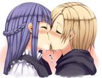  blonde_hair blue_hair blush braid closed_eyes ear_clip earrings half_updo idolmaster idolmaster_cinderella_girls jewelry kamata_yuuya kiss multiple_girls sajou_yukimi shirasaka_koume stud_earrings sweat yuri 