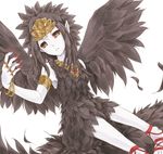  armlet bad_id bad_pixiv_id black_hair black_wings dodomeiro duel_monster fabled_grimro feathers green_eyes jewelry multicolored multicolored_eyes necklace pointy_ears red_sclera ring simple_background solo white_background wings yuu-gi-ou 