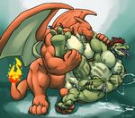  3_toes 4_toes anal anal_penetration anthro balls biceps big big_muscles big_penis body_markings chapu charizard charzy claws collar cum cum_in_ass cum_inside cum_on_penis cumshot dragon duo erection fangs fire gay green_eyes grisser hindpaw komodo_dragon lizard lying male markings masturbation monitor_lizard muscles necklace nintendo nipple_piercing nipples nude open_mouth orange_scales orgasm paws pecs penetration penis piercing pok&#233;mon pok&#233;morph pok&eacute;mon reptile scalie scar sex sideways tattoo teal_background toe_claws toes uncut video_games wristband 